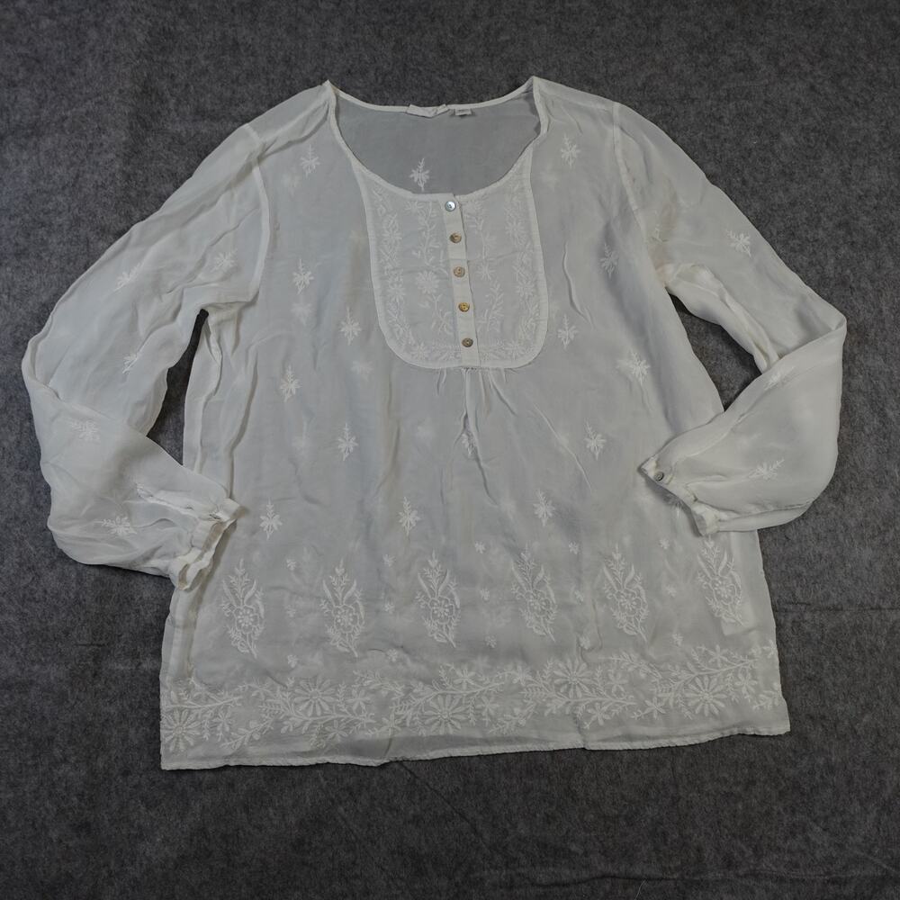 J. Jill Top Womens Large Embroidered Floral Beachy Balloon Sleeve Blouse Sheer